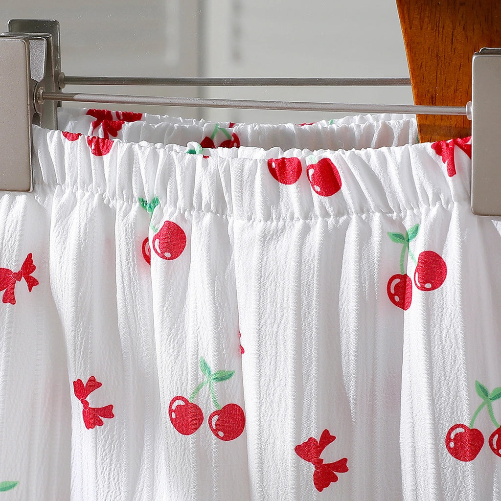 Girls White Cherry Printed Sleeveless Top With Elasticated Pants Sets 2 pc. Sets