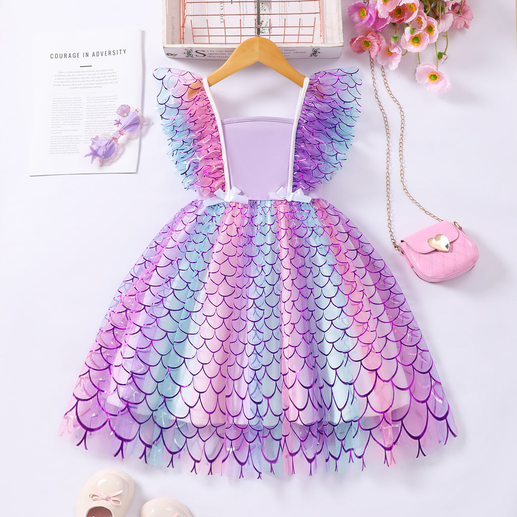 Girls Purple Mermaids Printed Square Neck Dress Casual Dresses Purple 2-3 Y