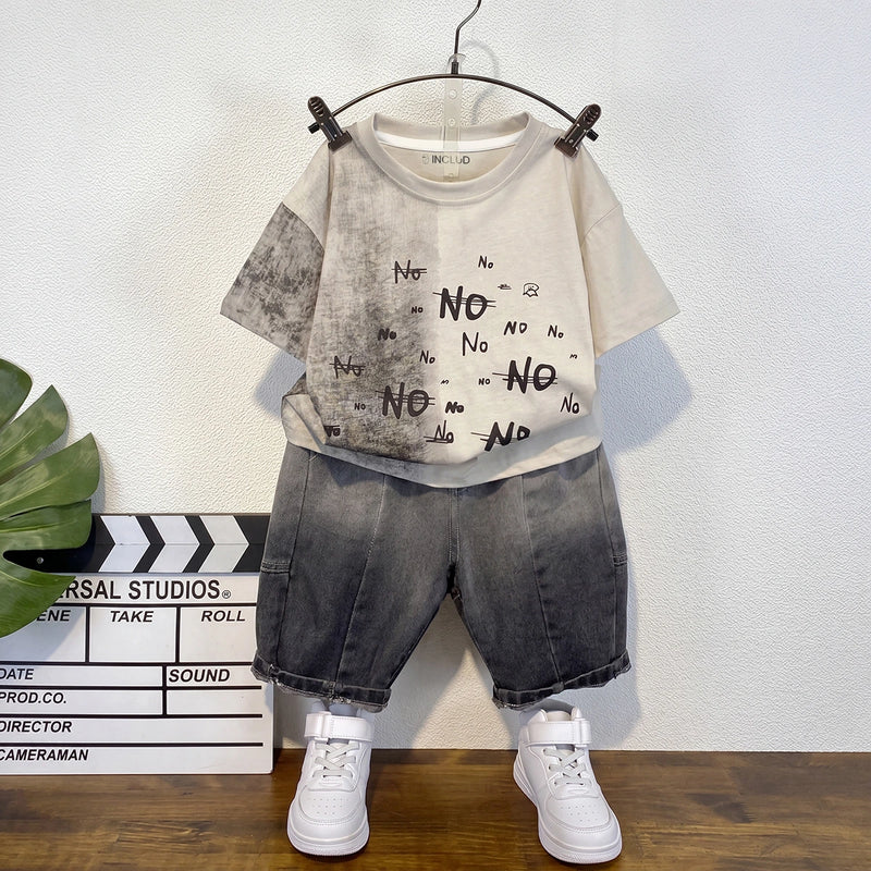 Boys Beige Short Sleeve Typography Print T-Shirt With Denim Shorts Sets 2 pc. Sets Beige 1-2 Y