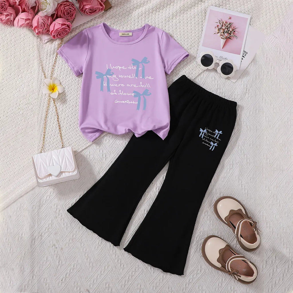 Girls Purple Three Bow Printed T-Shirt With flared Pants Sets Sets Purple 3-4 Y