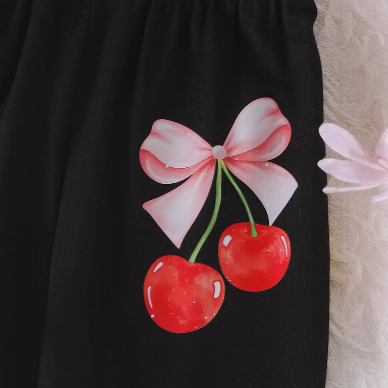 Girls White Cherry Print Half Sleeve T-Shirt With Flared Pants Sets 2 pc. Sets