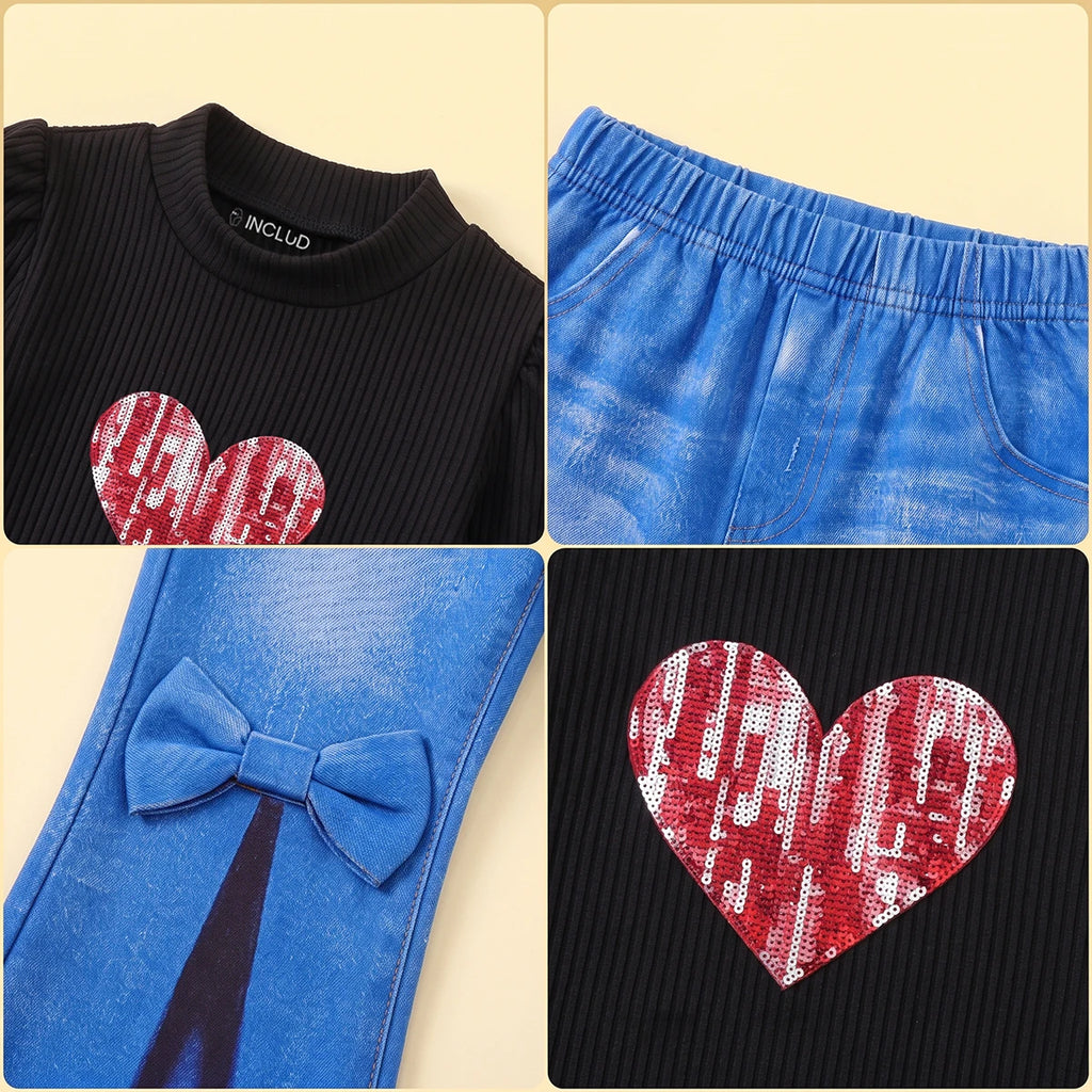 Girls Black Heart Print Puff Sleeve Top With Pants Sets 2 pc. Sets