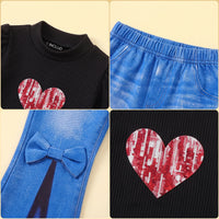 Girls Black Heart Print Puff Sleeve Top With Pants Sets 2 pc. Sets