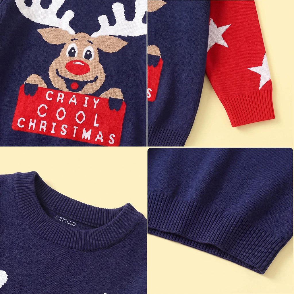Boys Navy Blue Sweater With Self-Design Reindeer Pattern Sweaters & Cardigans