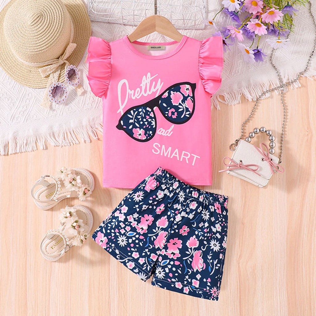 Girls Flared Sleeve Graphic Top With Printed Shorts Set