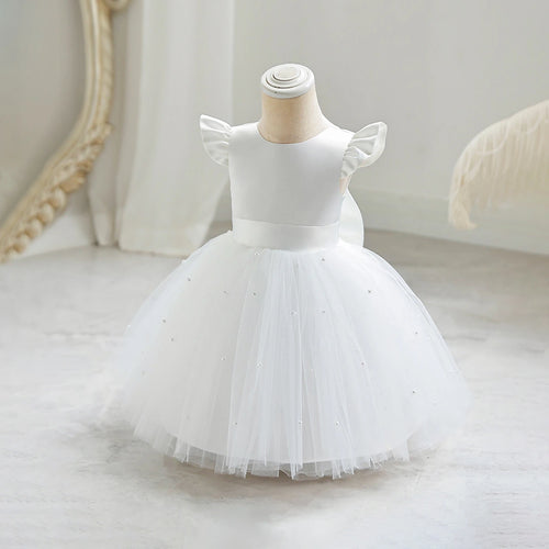 Girls White Pearl-Embellished Flutter Sleeve Fit & Flare Dress Casual Dresses White 2-3 Y