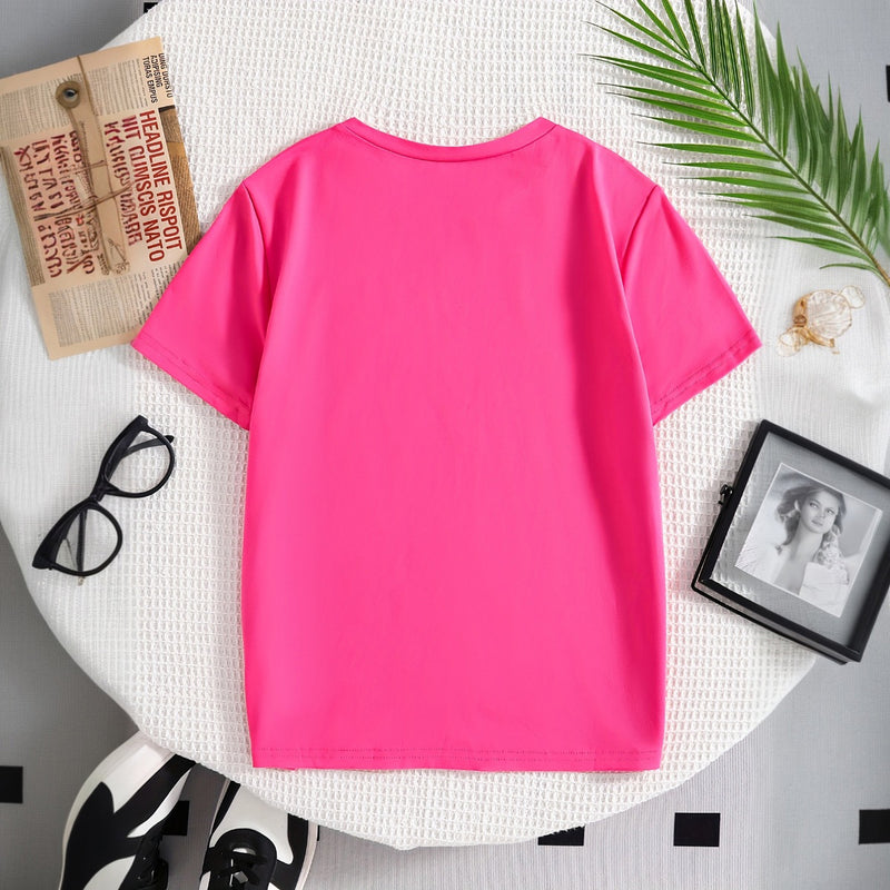 Girls Fuchsia Cartoon Graphic Short Sleeve Top With Bell Bottom Pants Set 2 pc. Sets