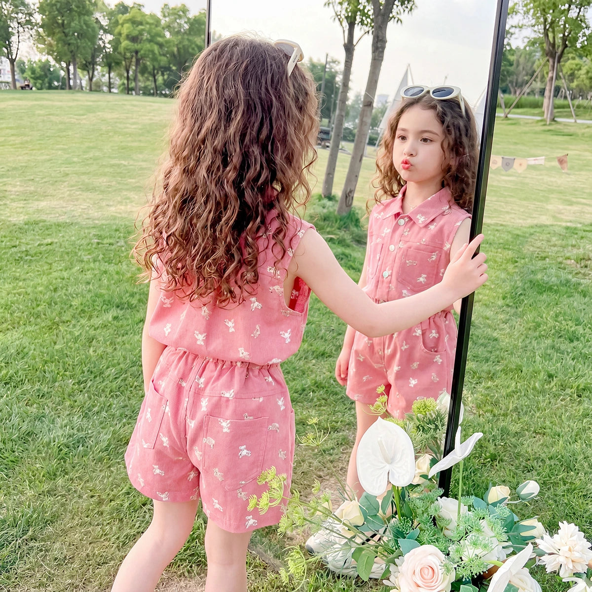 Girls Pink Teddy Bear Print Sleeveless Top With Shorts Sets 2 pc. Sets
