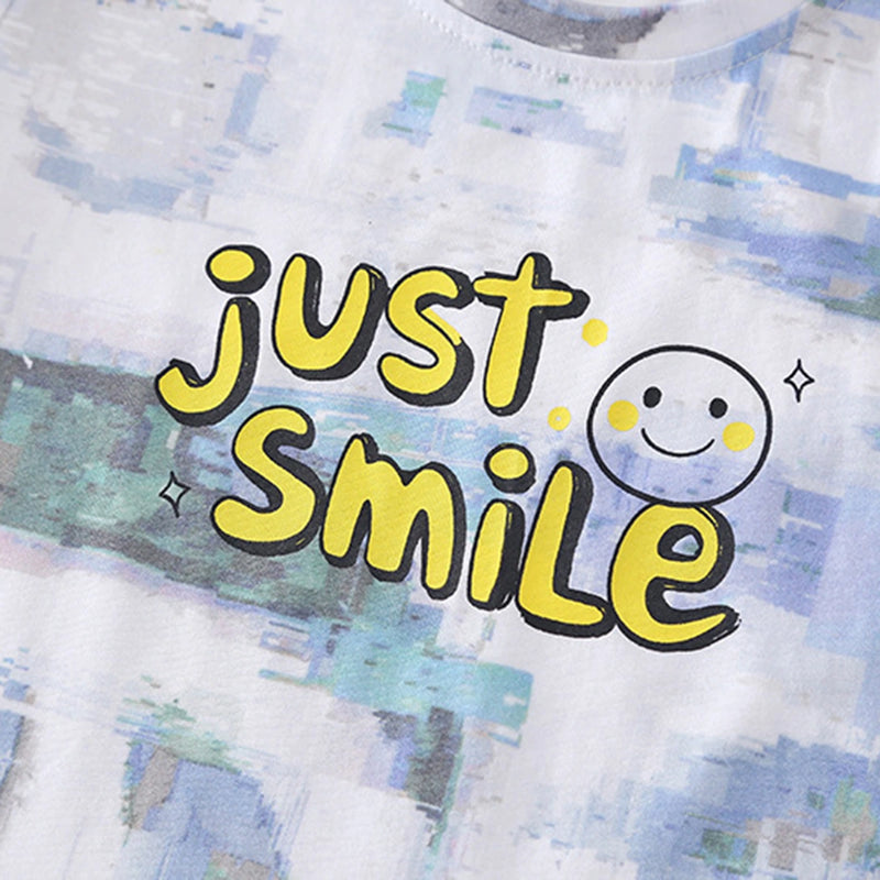 Boys Light Blue Smiley Printed Short Sleeve T-Shirt With Elasticated Shorts Sets 2 pc. Sets
