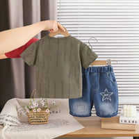 Boys Green Distress Print Star Applique T-Shirt With Denim Shorts Sets Sets