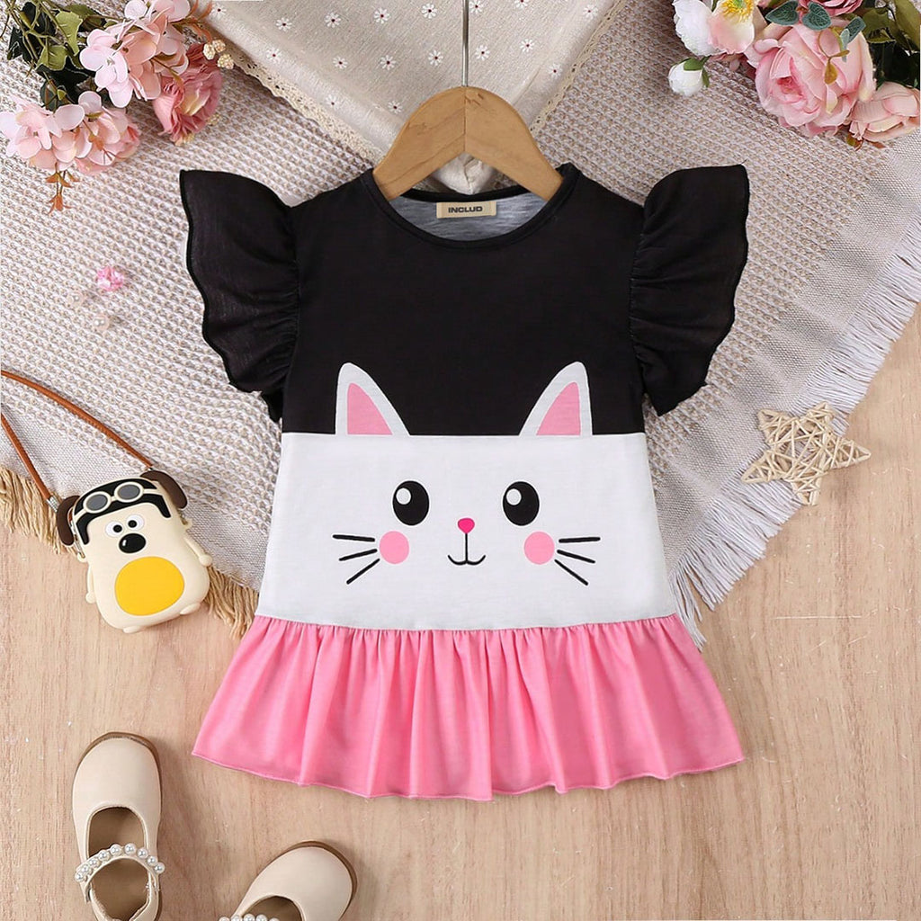 Girls Black-Pink Kitty Print Peplum Top Tops Black 4-5 Y