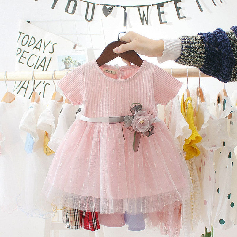 Girls Dress with Flower Applique Casual Dresses Pink 1-2 Y 