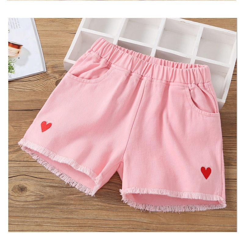 Girls Pink Strawberry Embroidery Hot Shorts with Raw Hem and Motifs Shorts Style 12 2-3 Y 