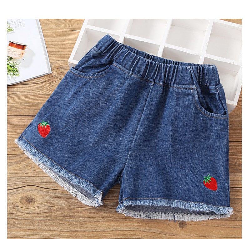 Girls Blue Denim Strawberry Hot Shorts with Raw Hem and Motifs Shorts Style 5 2-3 Y 