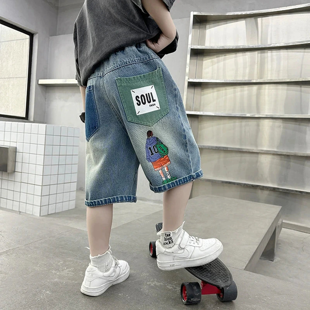 Boys Light Blue Graphic Print Loose Fit Denim Shorts Shorts