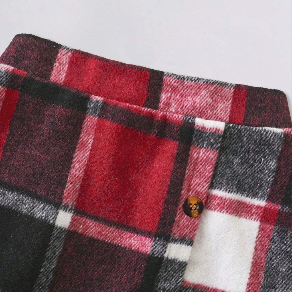 Girls Stand Collar Rib Top With Red Checked Skirt & Beret Hat Set Sets