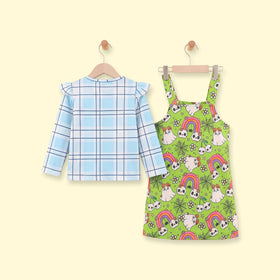 Girls Green Halloween Print Pinafore Dress with Plaid Top Casual Dresses