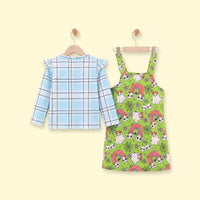 Girls Green Halloween Print Pinafore Dress with Plaid Top Casual Dresses