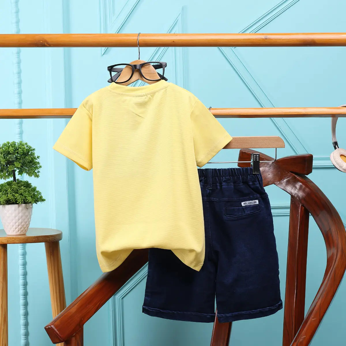 Boys Yellow Typographic Printed T-Shirt With Denim Shorts Sets 2 pc. Sets