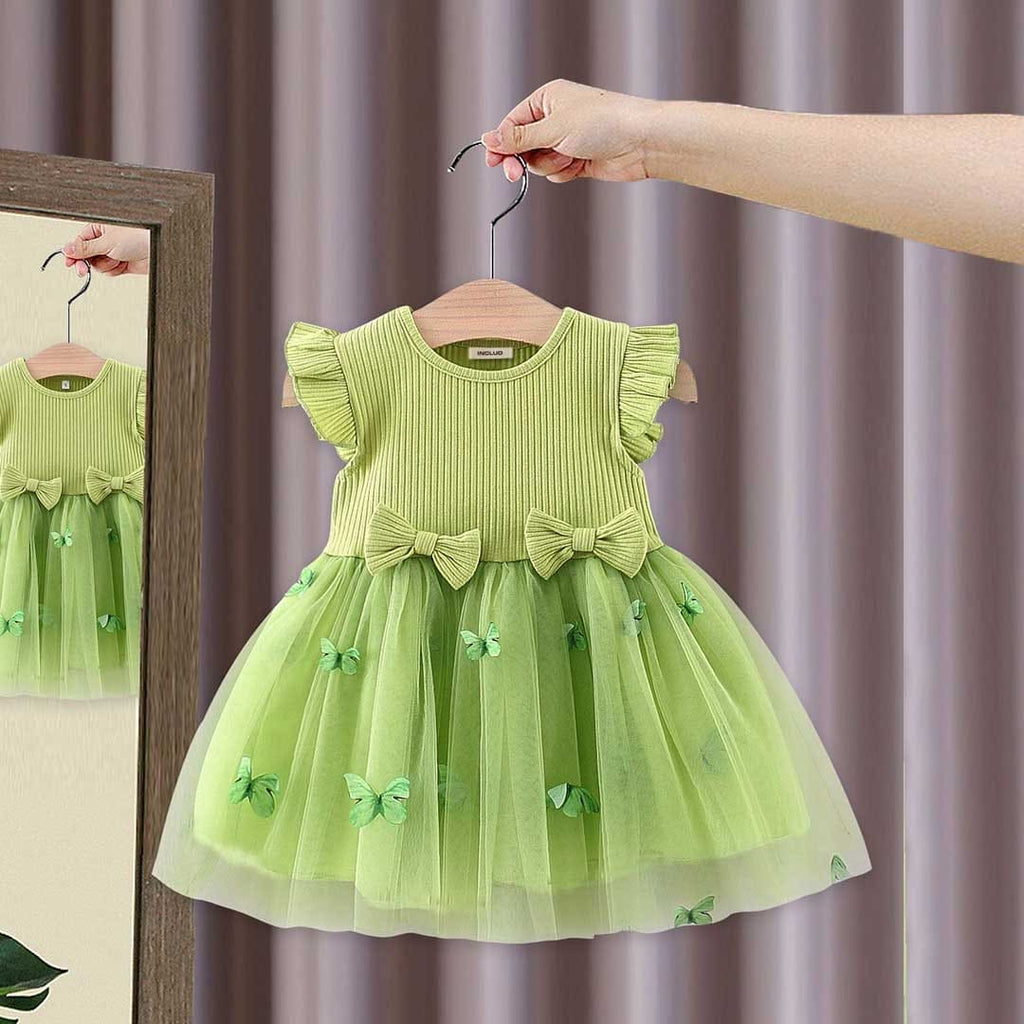 Girls Short Sleeves Butterfly Applique Fit & Flare Dress Casual Dresses Green 1-2 Y