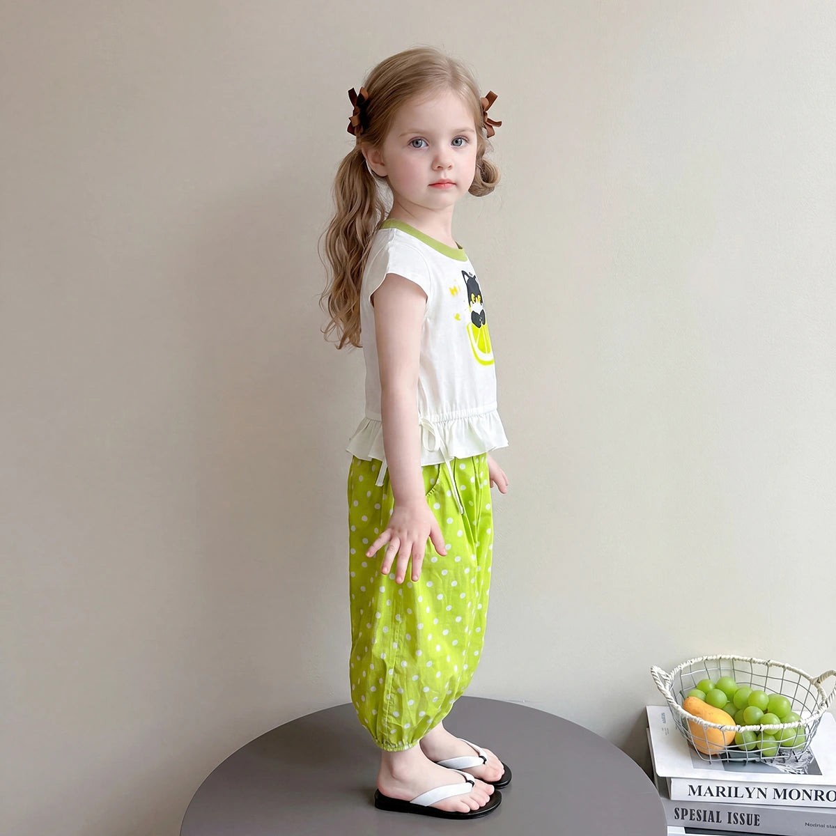 Girls White Cat Print Cap Sleeve Top With Pants Sets 2 pc. Sets
