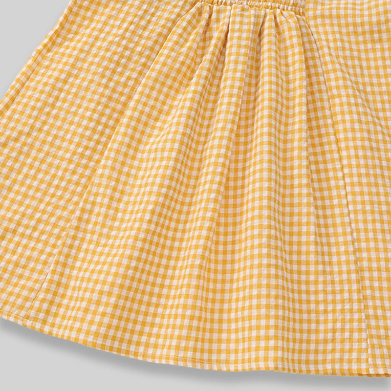 Girls Yellow Gingham Checked Smocked Dress with Duck Embroidery Casual Dresses