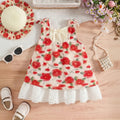 Girls Red Floral Print Sleeveless A-line Dress With Matching Sun Hat Casual Dresses Red 1-2 Y