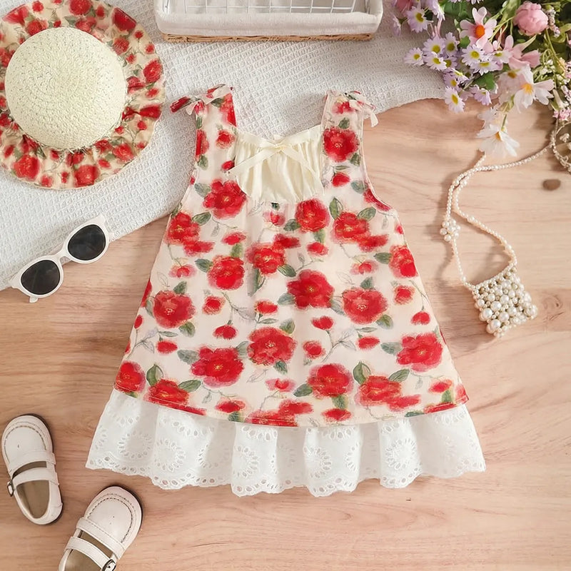 Girls Red Floral Print Sleeveless A-line Dress With Matching Sun Hat Casual Dresses Red 1-2 Y