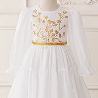 Girls White Puff Sleeves Maxi Dress With Floral Golden Embroidery Casual Dresses
