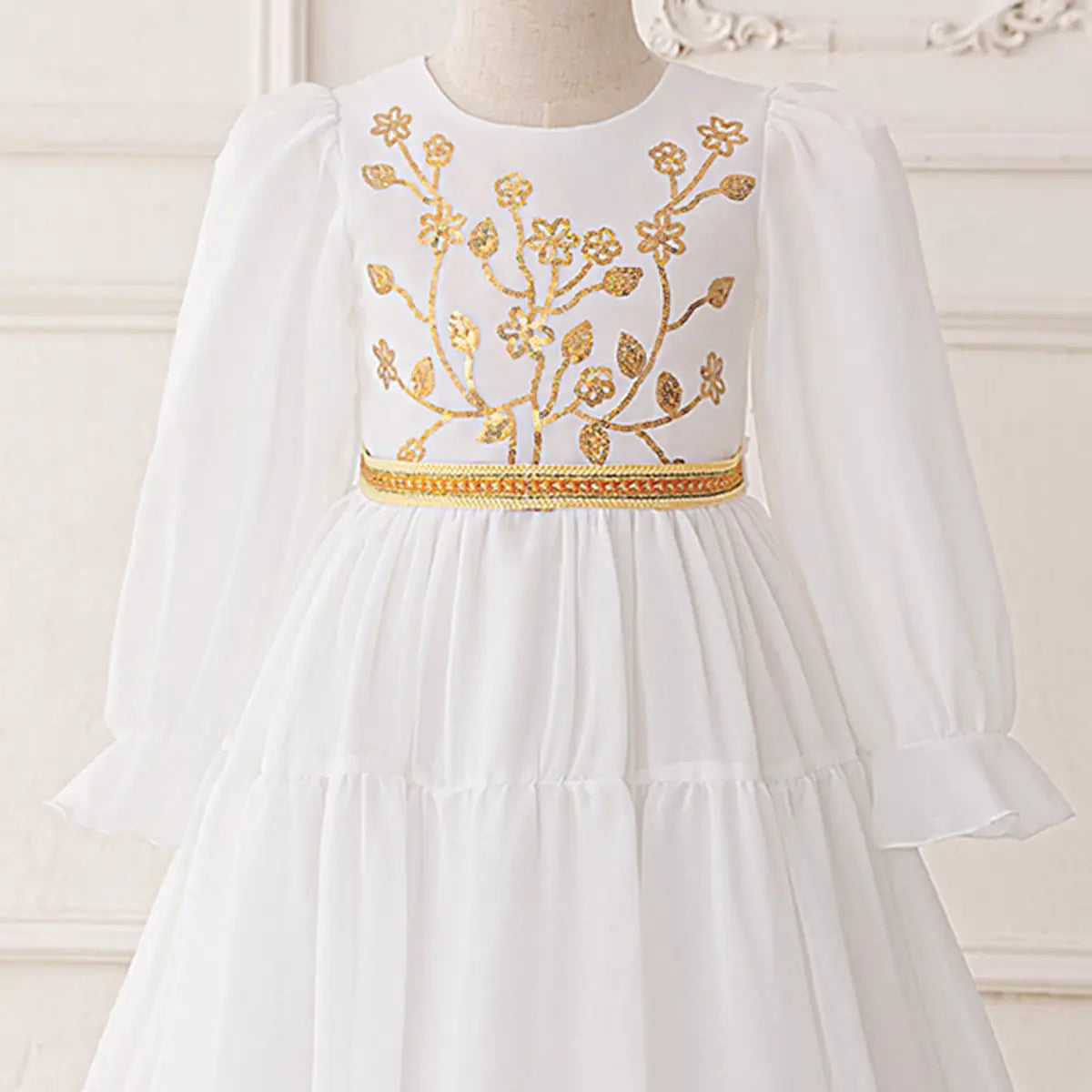 Girls White Puff Sleeves Maxi Dress With Floral Golden Embroidery Casual Dresses