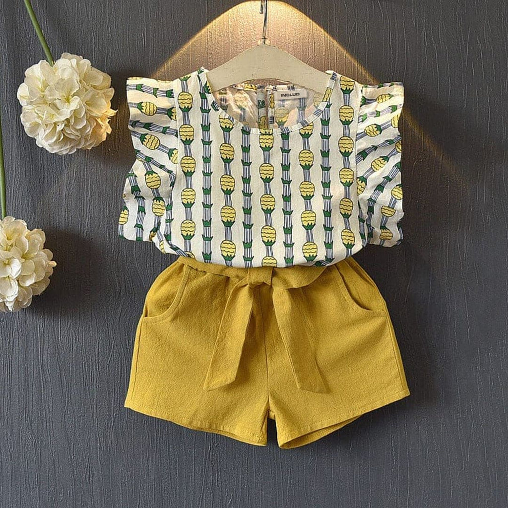 Girls Printed Top with Solid Shorts Set