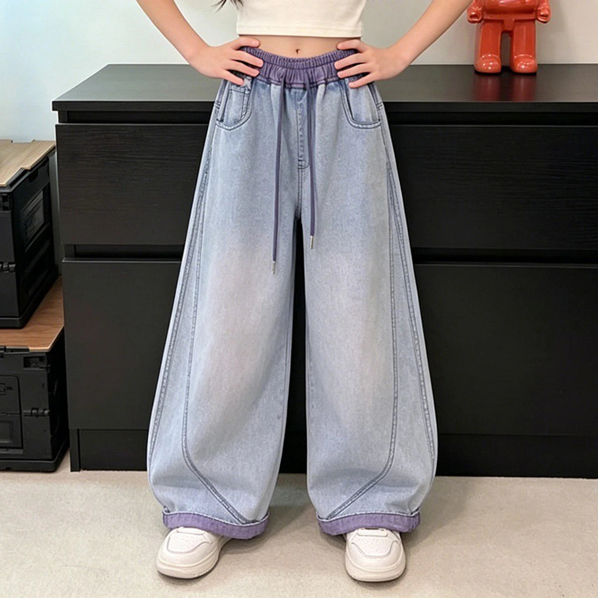 Girls Light Blue Relaxed Fit Denim Jeans with Drawstring Pants