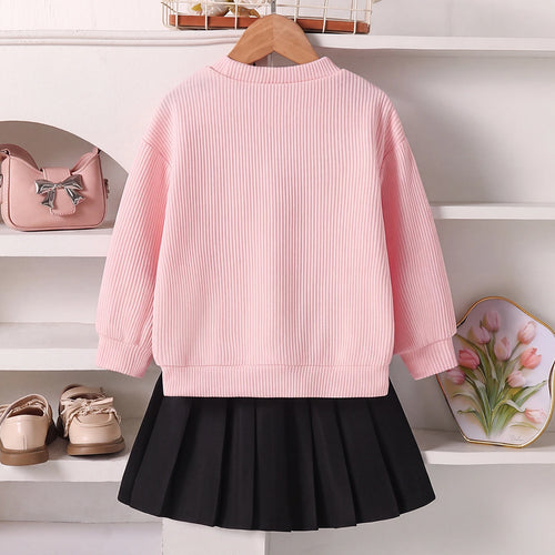 Girls Pink Textured Drop Shoulder Top With Skirt Sets 2 pc. Sets