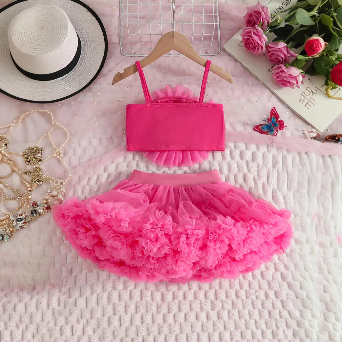 Girls Fuchsia 3D Floral Ruffle Top With Tiered Tulle Tutu Skirt Sets Sets