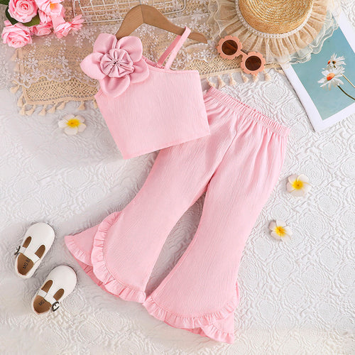 Girls Pink Textured One Shoulder Top With Flared Hem Pants Set 2 pc. Sets