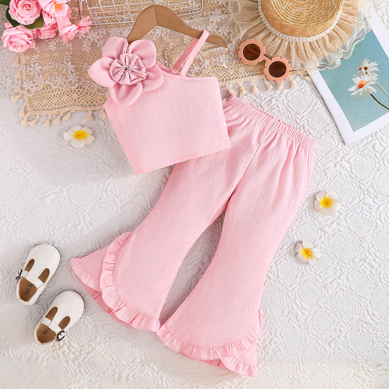 Girls Pink Textured One Shoulder Top With Flared Hem Pants Set 2 pc. Sets