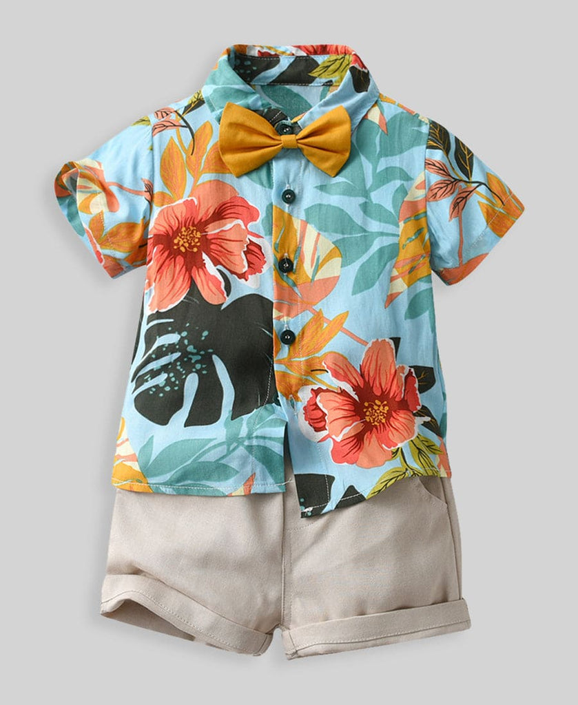 Boys Turquise Leaf Print Shirt With Solid Shorts Casual Clothing Sets Sets Style 10 1-2 Y 