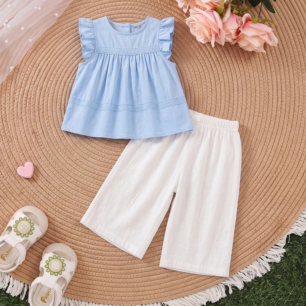 Girls Blue Flutter Sleeve Top With Pants Sets 2 pc. Sets Blue 1-2 Y