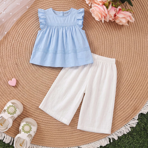Girls Blue Flutter Sleeve Top With Pants Sets 2 pc. Sets Blue 1-2 Y