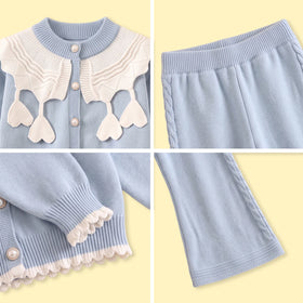 Girls Light Blue Long Sleeves Cardigan & Pants Sets Sets