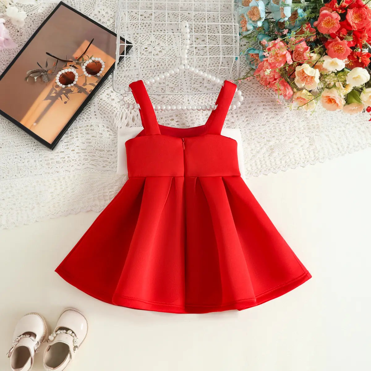 Girls Red Sleeveless Fit & Flare Party Wear Dress With Embellished Bow Applique Party Dresses