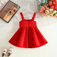 Girls Red Sleeveless Fit & Flare Party Wear Dress With Embellished Bow Applique Party Dresses