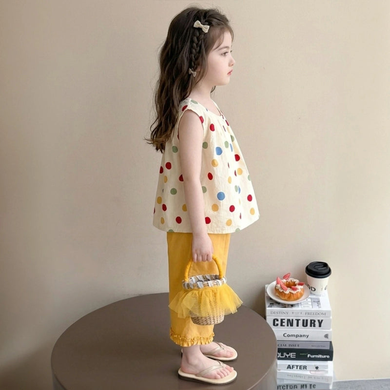 Girls Yellow Polka Dot Printed Top With Elasticated Pants Set Sets