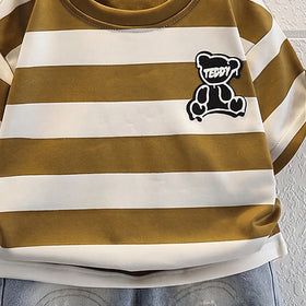 Boys Olive Brown Short Sleeve Striped T-Shirt With Distressed Denim Shorts Sets 2 pc. Sets