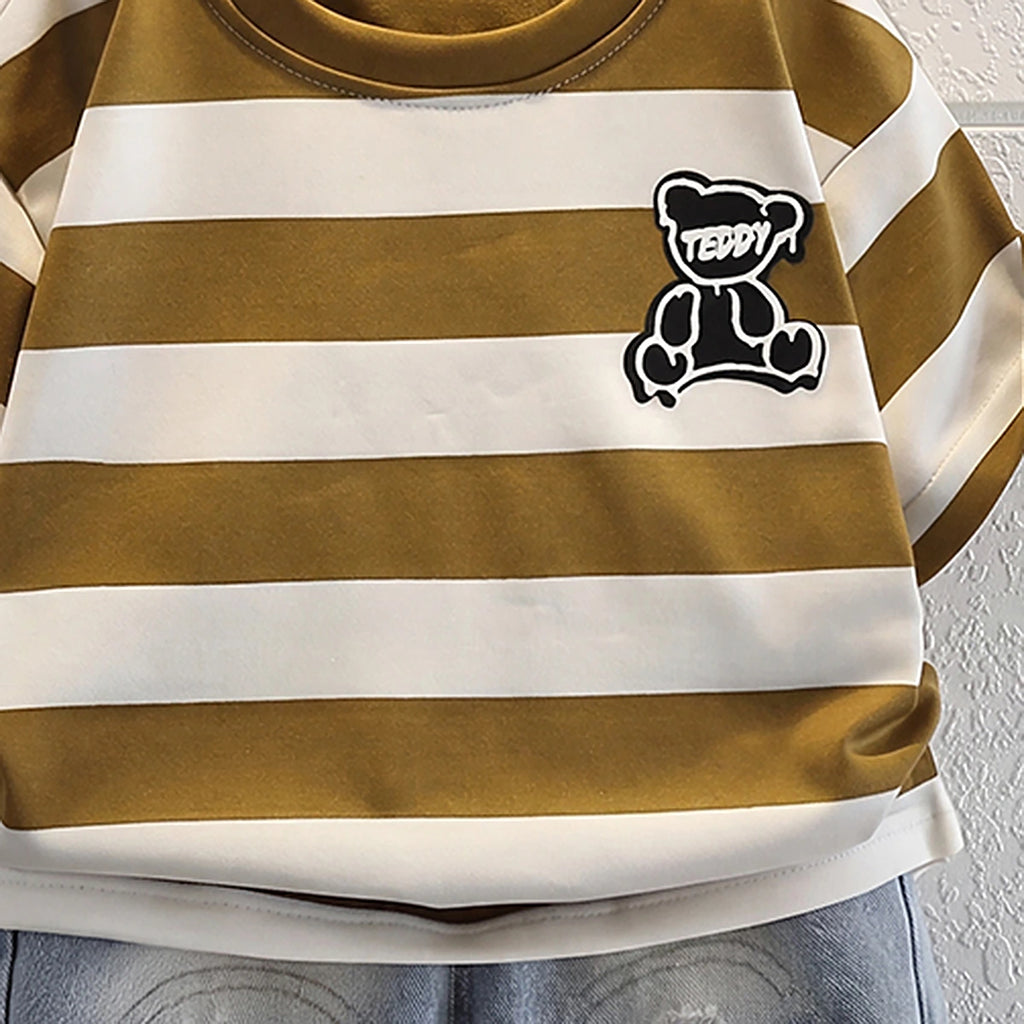 Boys Olive Brown Short Sleeve Striped T-Shirt With Distressed Denim Shorts Sets 2 pc. Sets
