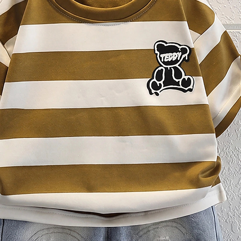 Boys Olive Brown Short Sleeve Striped T-Shirt With Distressed Denim Shorts Sets 2 pc. Sets