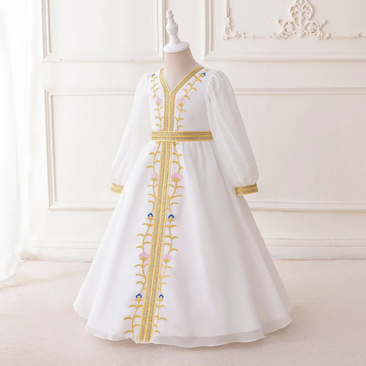 Girls White Embroidered Fit & Flare Dress With Long Sleeves Casual Dresses