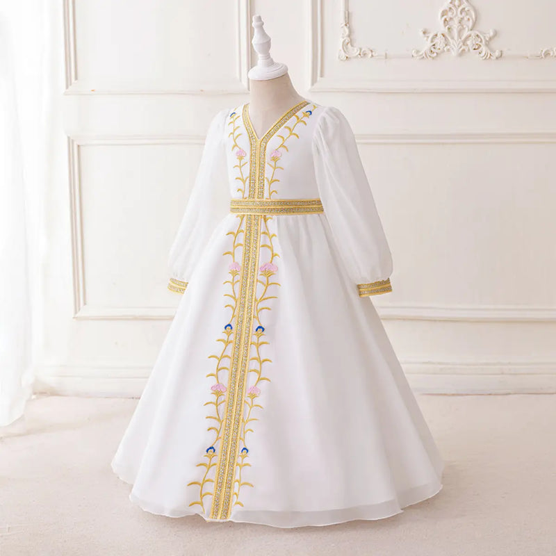 Girls White Embroidered Fit & Flare Dress With Long Sleeves Casual Dresses