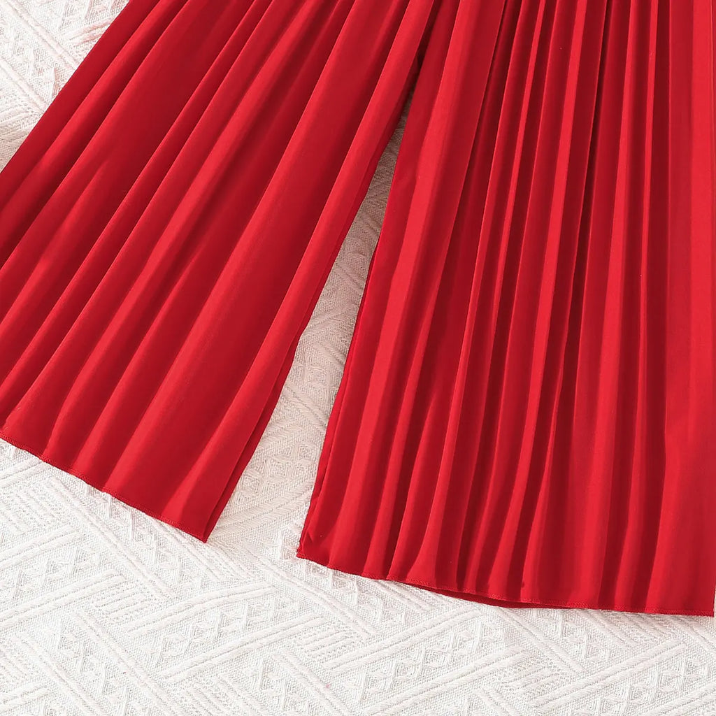 Girls Red Sleeveless Blazer Top With Pleated Flared Pant Co-ord Sets Sets