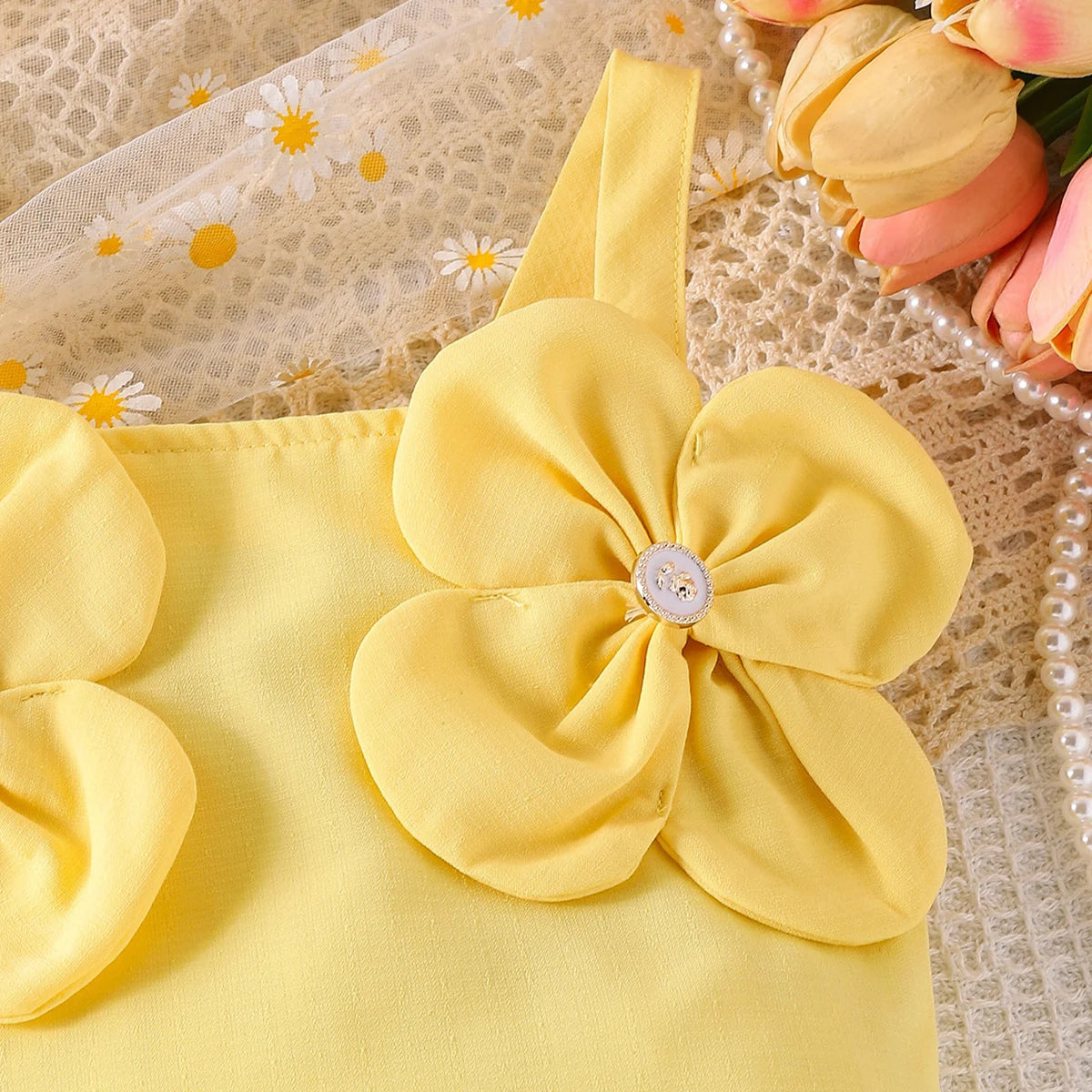 Girls Yellow Floral Applique Sleeveless Top With Skirt Sets 2 pc. Sets